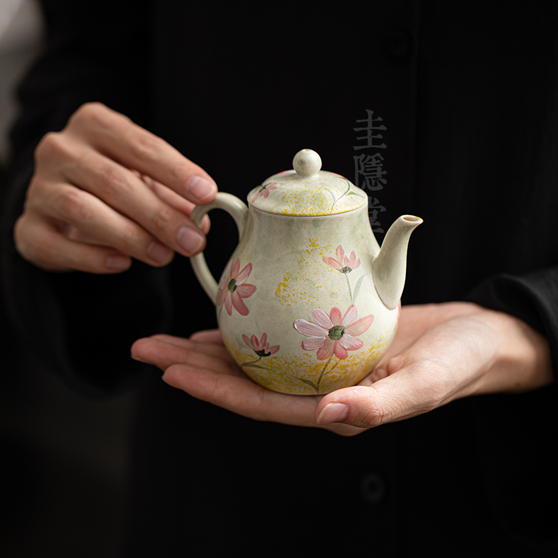 圭隐堂手绘格桑花粉引陶瓷茶壶