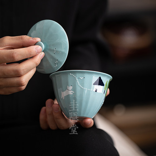 圭隐堂粉引手绘软萌小狗陶瓷二才盖碗粉彩家用茶碗泡茶器手抓碗