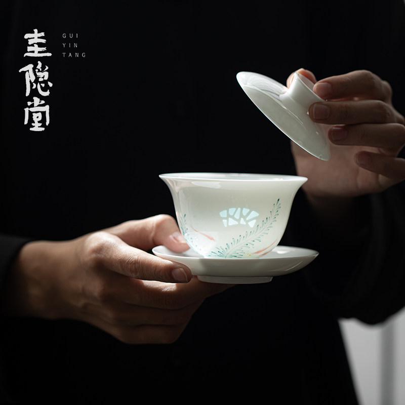 圭隐堂手绘玲珑陶瓷三才盖碗轻奢女士个人专用防烫功夫茶泡茶碗图片