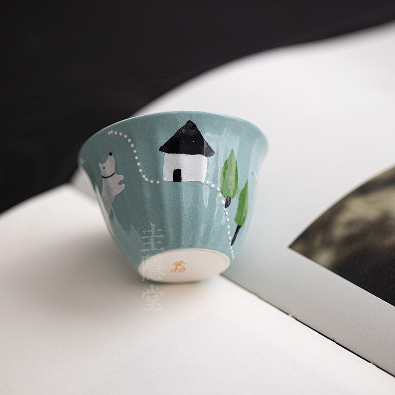 圭隐堂粉引手绘小狗主人杯粉彩陶瓷功夫茶杯家用品茗杯单杯闻香杯,餐饮具,茶杯,淘宝优惠券,粉丝福利购,淘宝优惠卷