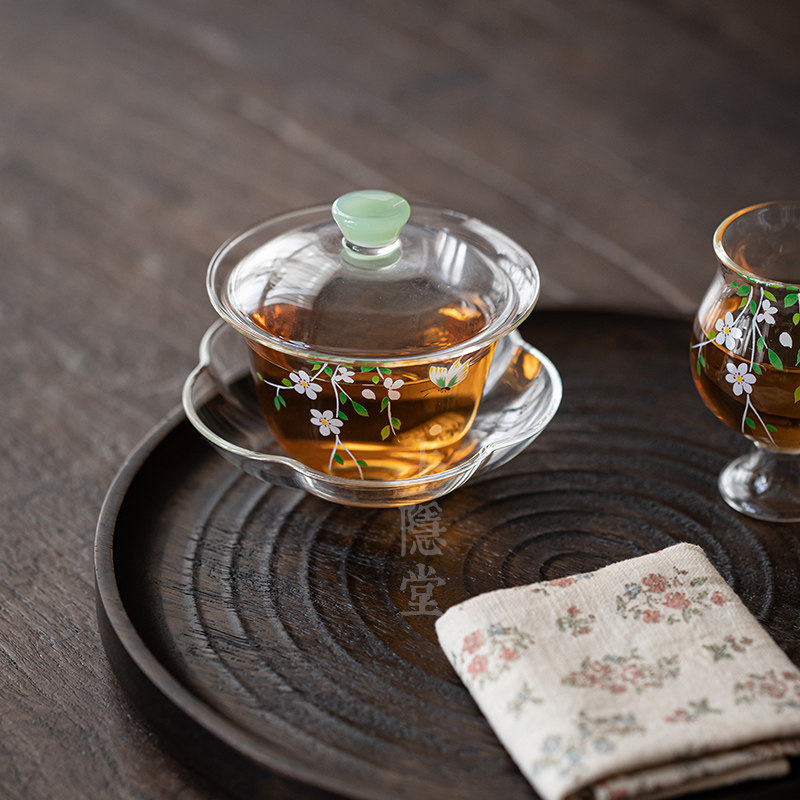圭隐堂小清新雏菊耐热玻璃盖碗带茶托家用茶碗田园风泡茶器手抓碗