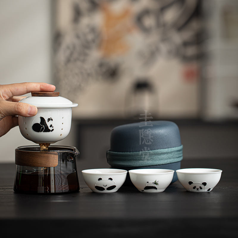 圭隐堂国潮熊猫陶瓷快客杯耐热玻璃办公室泡茶杯户外便携旅行茶具