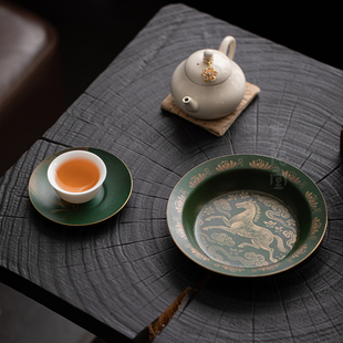 圭隐堂马年文创手工纯铜壶承马踏祥云家用干泡茶盘茶台茶具茶托盘