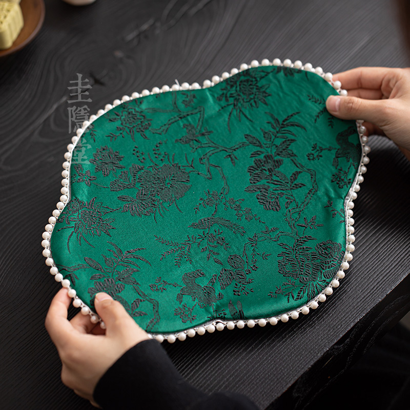 圭隐堂手作织锦珍珠刺绣双面茶席中式国风茶桌隔热布垫干泡席桌旗