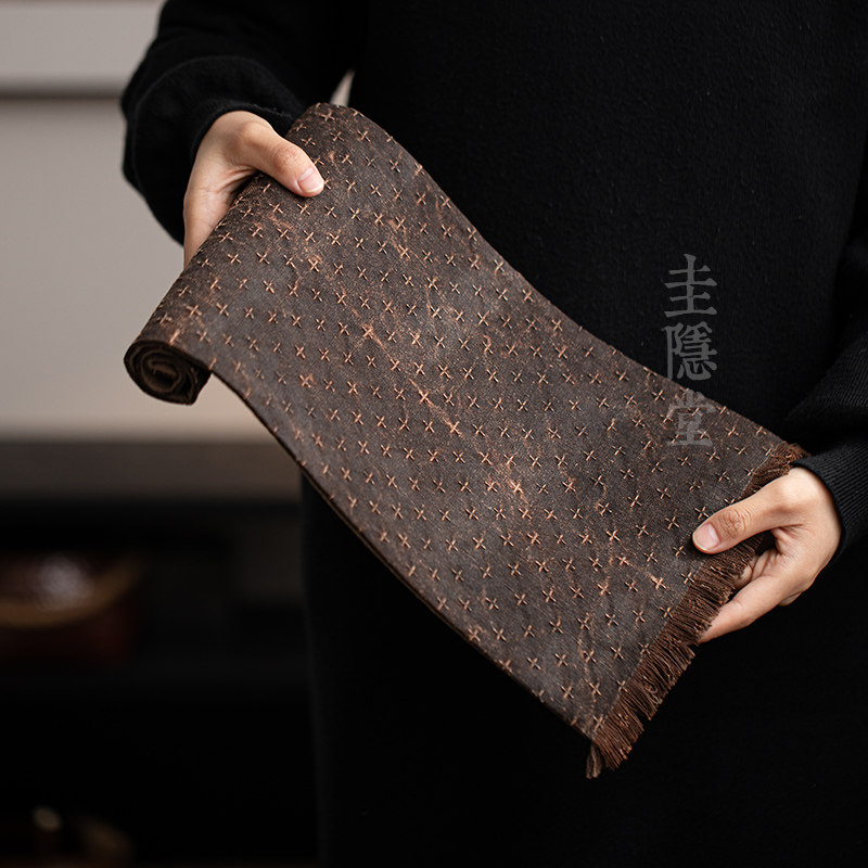 圭隐堂手工双面老料香云纱流苏十字纹茶席家用侘寂隔热茶桌垫茶旗,餐饮具,茶道/零配,淘宝优惠券,粉丝福利购,淘宝优惠卷