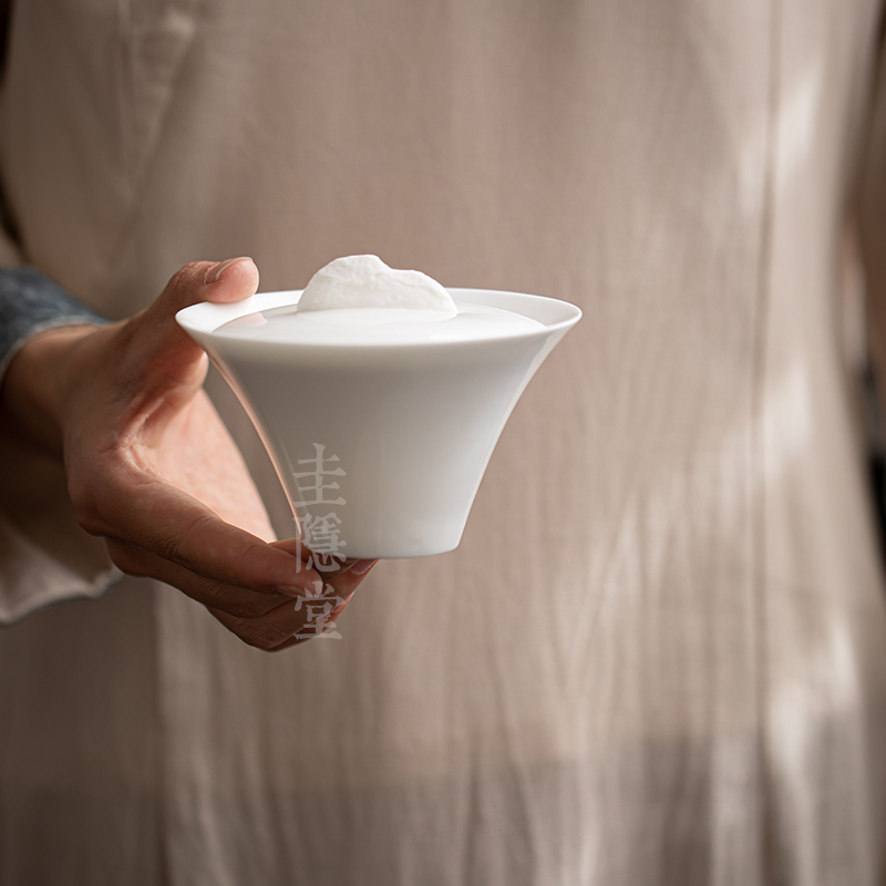 圭隐堂中式观山白瓷二才盖碗家用茶碗手工鎏银不烫手泡茶器手抓碗