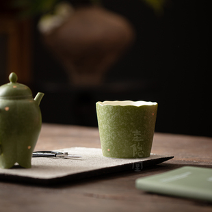 圭隐堂小青柑橘绿陶瓷咖啡猪口杯握手杯女士主人杯品茗杯喝茶单杯