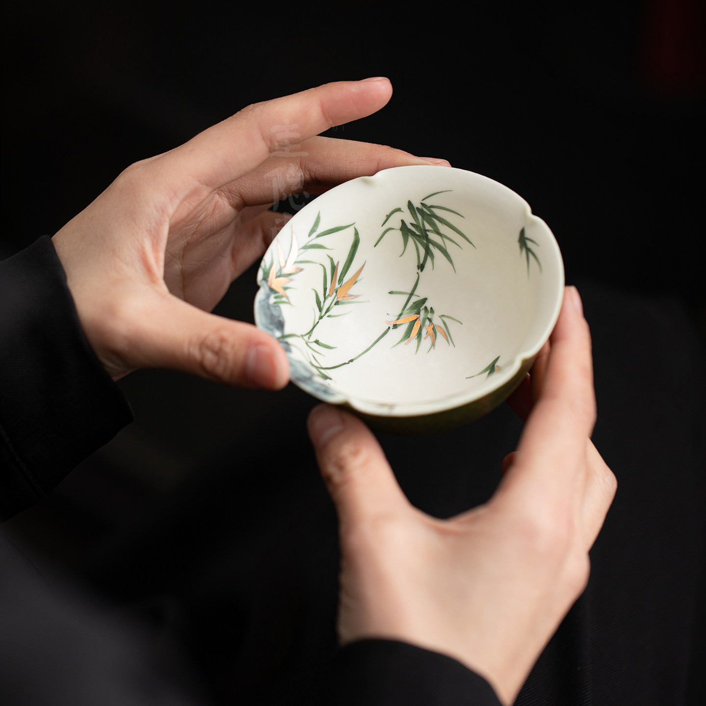 圭隐堂手绘青竹橘绿洒金陶瓷花口茶杯家用主人杯品茗杯单杯喝茶杯
