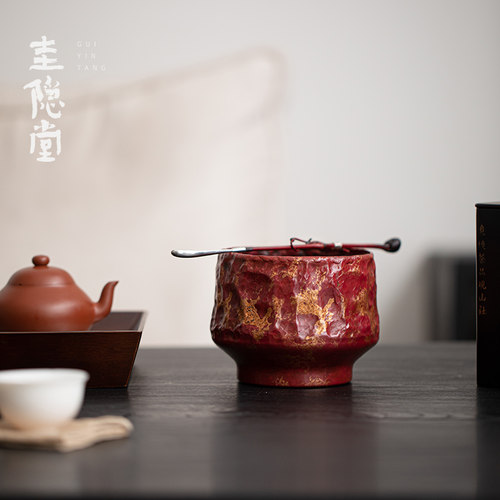 圭隐堂手工锤纹紫铜建水洗水中式家用茶废水盂茶渣缸茶洗杯洗渣桶
