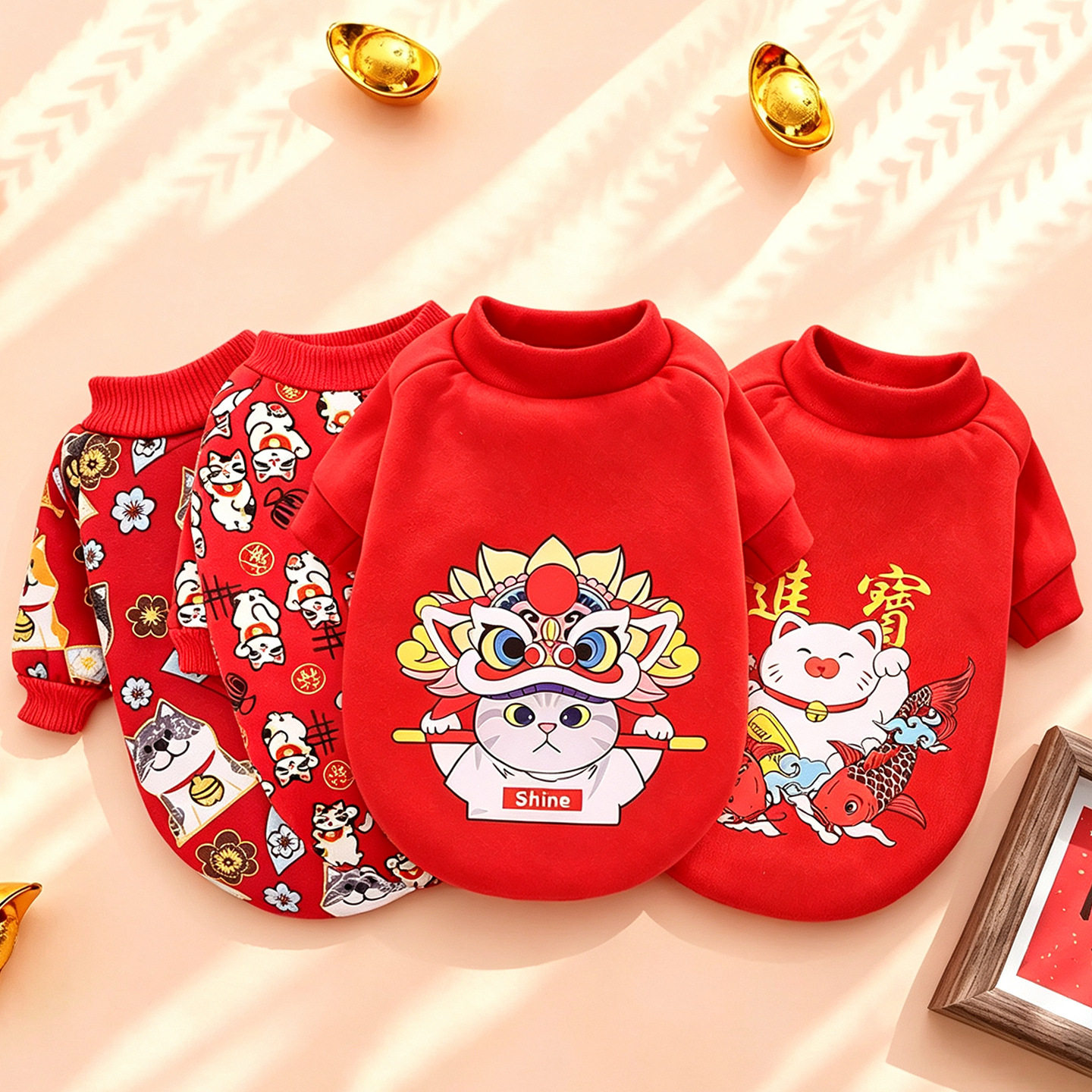 宠物衣服秋冬保暖红色舞狮印花服装中小型犬博美比熊泰迪宠物用品