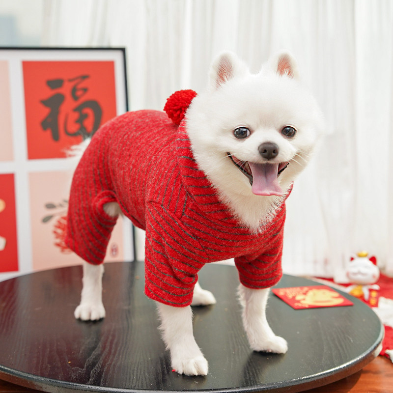 狗狗衣服秋冬季保暖衣包肚衣仿兔绒宠物四脚衣用品红色条纹