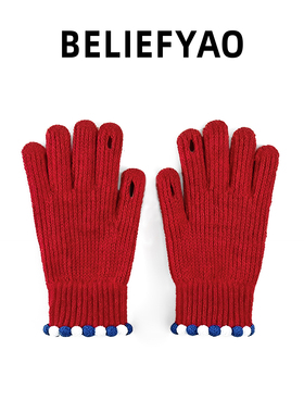 BELIEFYAO原创新年红色冬季防寒保暖学生本命年针织手套女可触屏