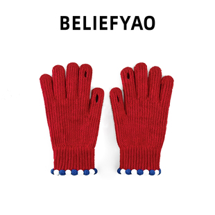 BELIEFYAO原创新年红色冬季 防寒保暖学生本命年针织手套女可触屏