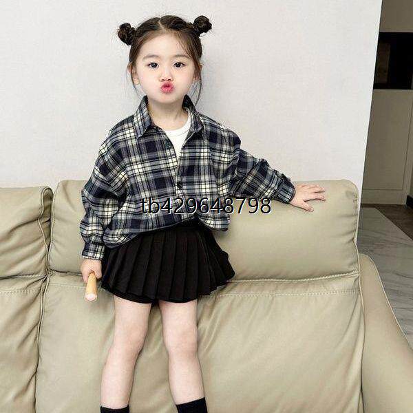 女童复古蓝黑格子外套衬衫秋装新款小童儿童翻领长袖开衫女宝衬衣