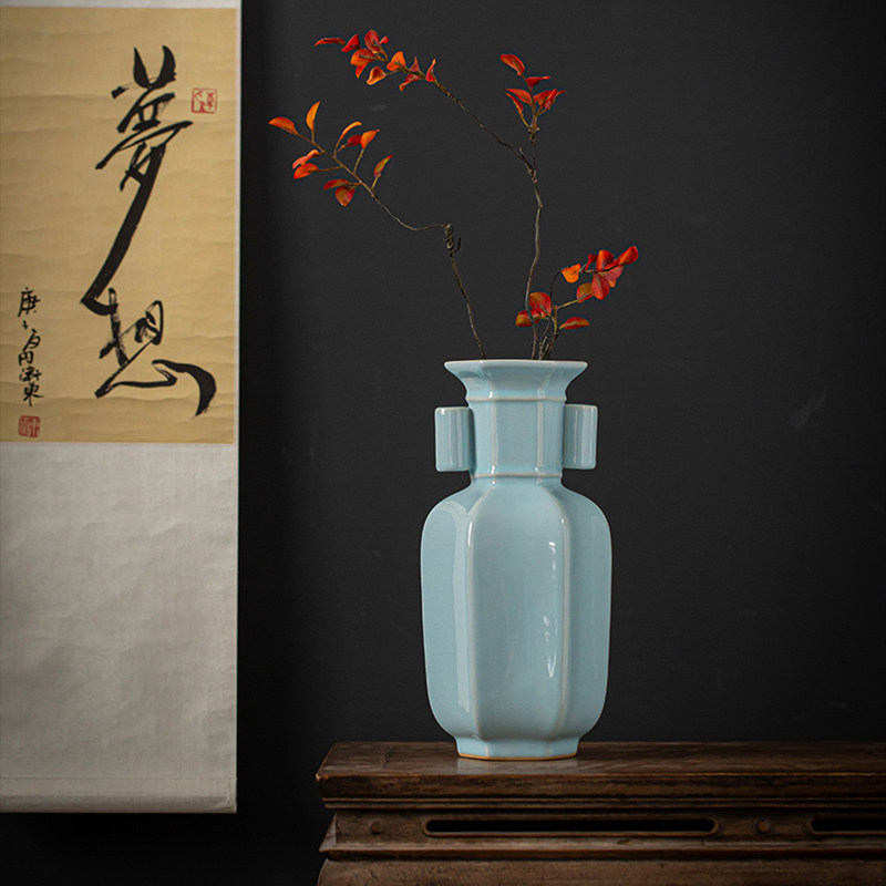 汝山明汝瓷仿古摆件贯耳瓶大师手作冰裂开片客厅收藏汝窑经典花瓶