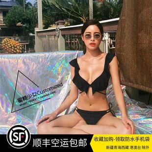 INS小红书同款 荷叶边系带度假风泳衣女 性感大小胸钢托聚拢比基尼