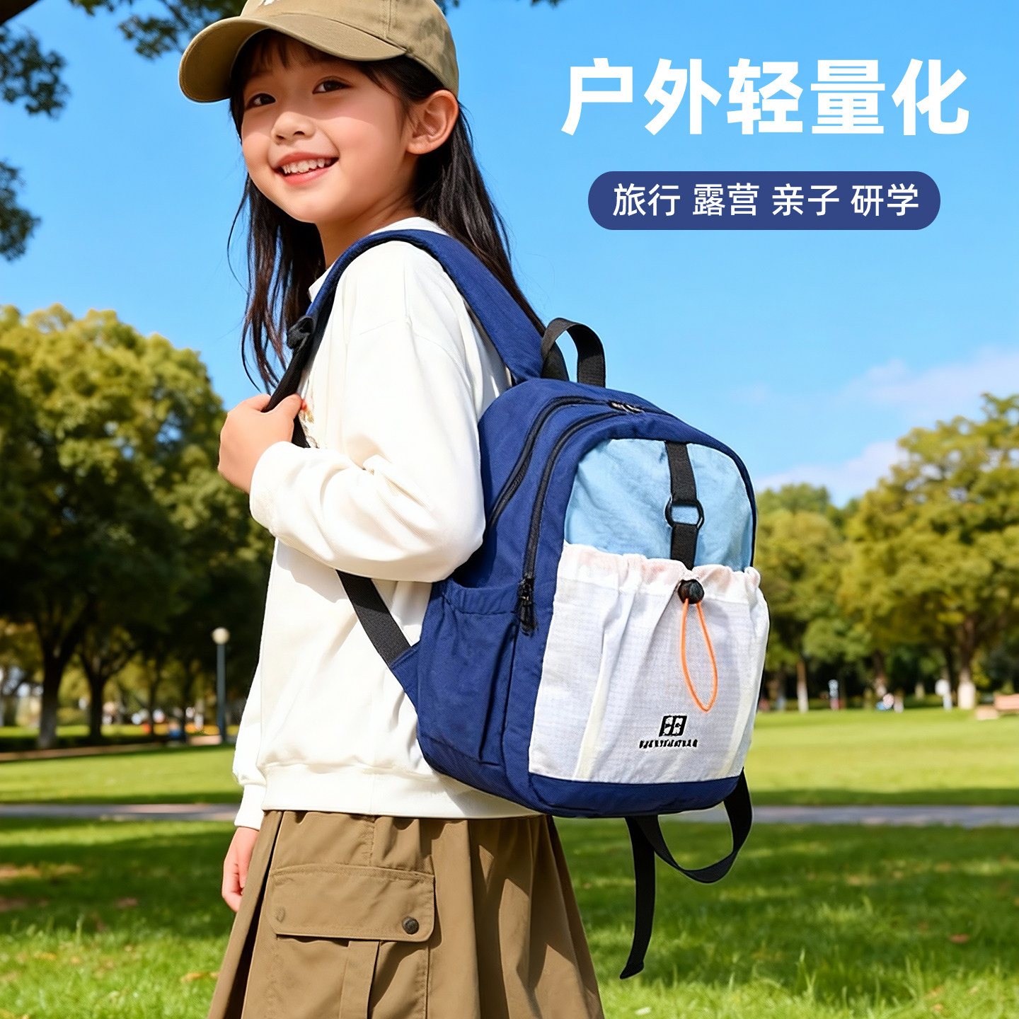 儿童户外登山包徒步骑行旅游超轻背包春游研学日式可折叠蓝色书包