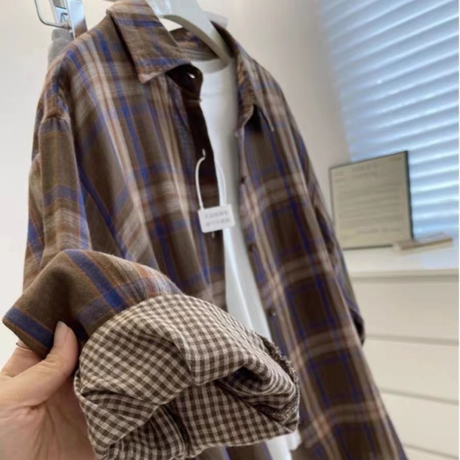 【专供东南亚】美式复古双面格子衬衫外套女春秋夏中长款薄款衬衣