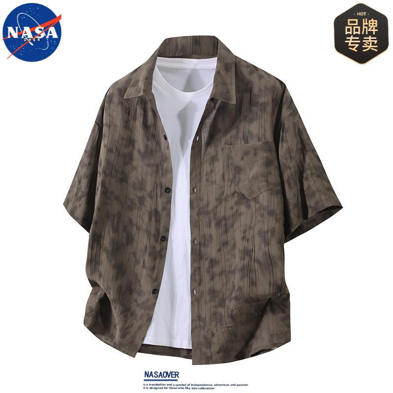 NASA品牌扎染短袖衬衫男女2025夏季新款宽松潮流百搭翻领半袖外套