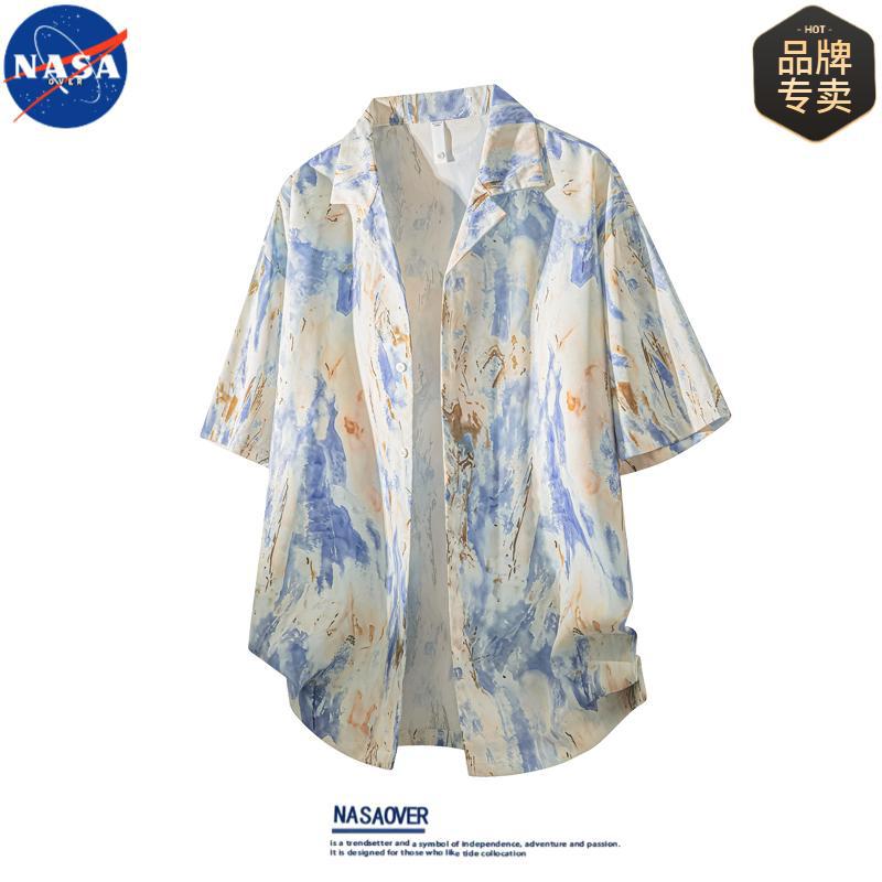NASA品牌美式高级感复古碎花短袖衬衫男士百搭宽松夏威夷透气衬衣