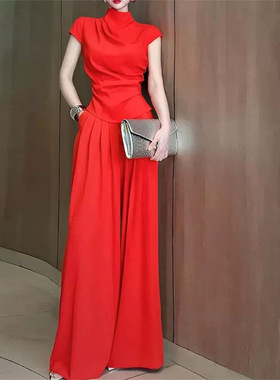 茶系穿搭一整套气质干练女装高级感轻奢小香风红色两件套装裤夏季