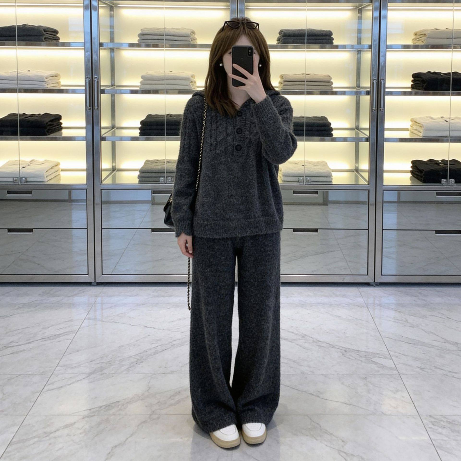 韩系灰色针织套装慵懒风连帽毛衣阔腿裤两件套超好看深冬装一整套