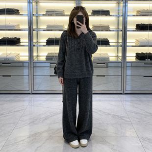 韩系灰色针织套装慵懒风连帽毛衣阔腿裤两件套超好看深冬装一整套