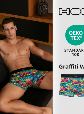 法国HOM涂鸦限量版男士内裤亲肤无痕冰丝中腰时尚四角平角短裤