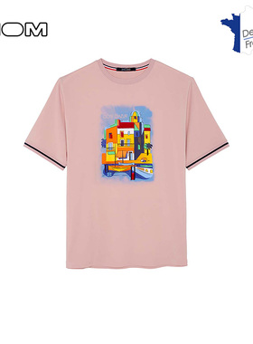 HOM法国夏季新款男士圆领修身百搭印花高端时尚短袖T恤上衣粉