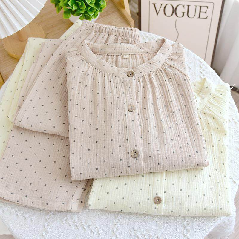 薄款纯棉女士睡衣四季款长袖绉布双层纱布家居服全棉立领休闲套装,女士内衣/男士内衣/家居服,睡袍/浴袍,淘宝优惠券,粉丝福利购,淘宝优惠卷