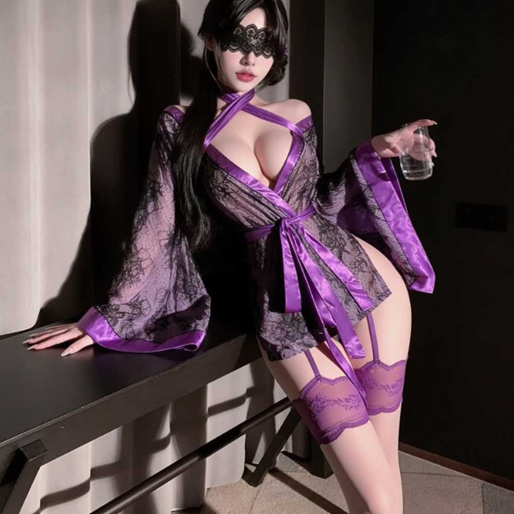 大码性感蕾丝和服抹胸睡裙禁欲约会制服战袍内衣情趣透视情调套装
