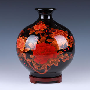 悦灵美景德镇陶瓷现代新中式家居红牡丹花瓶插花摆件大号客厅电视