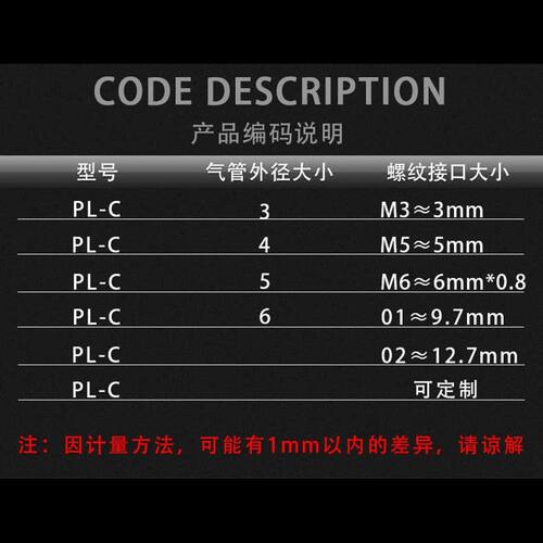 微型迷你气动快插螺纹接头PL-M3/M4/M5/M6牙插2/3/4/5/6气管弯头
