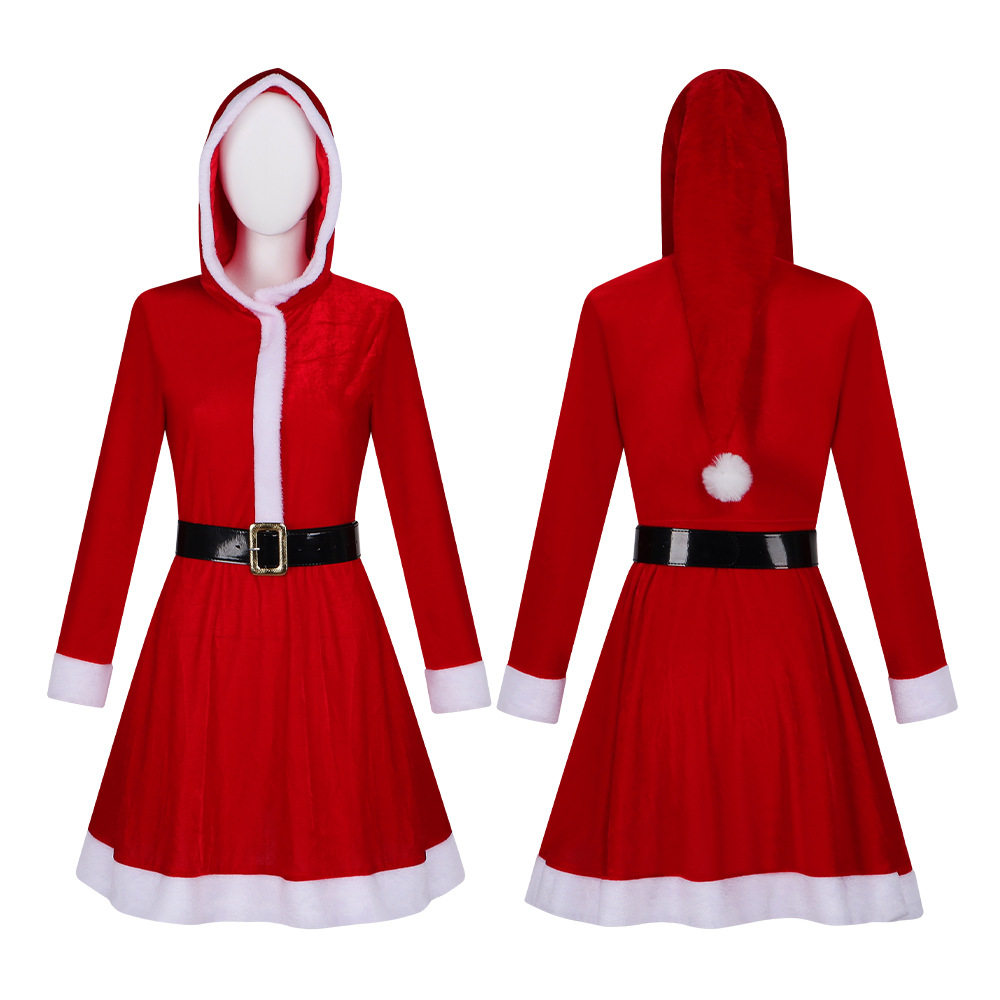圣诞节服装cos服红色女款收腰连衣裙圣诞老人派对套装cosplay服