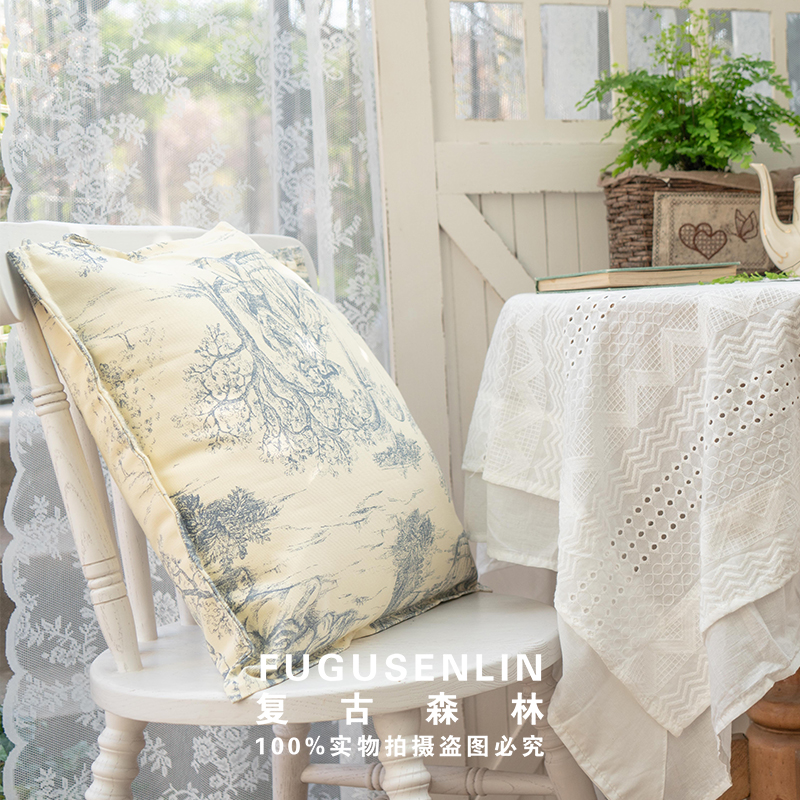速发复古森林帆布法样钴房抱枕田园印花靠垫腰枕沙发式板蓝装饰道