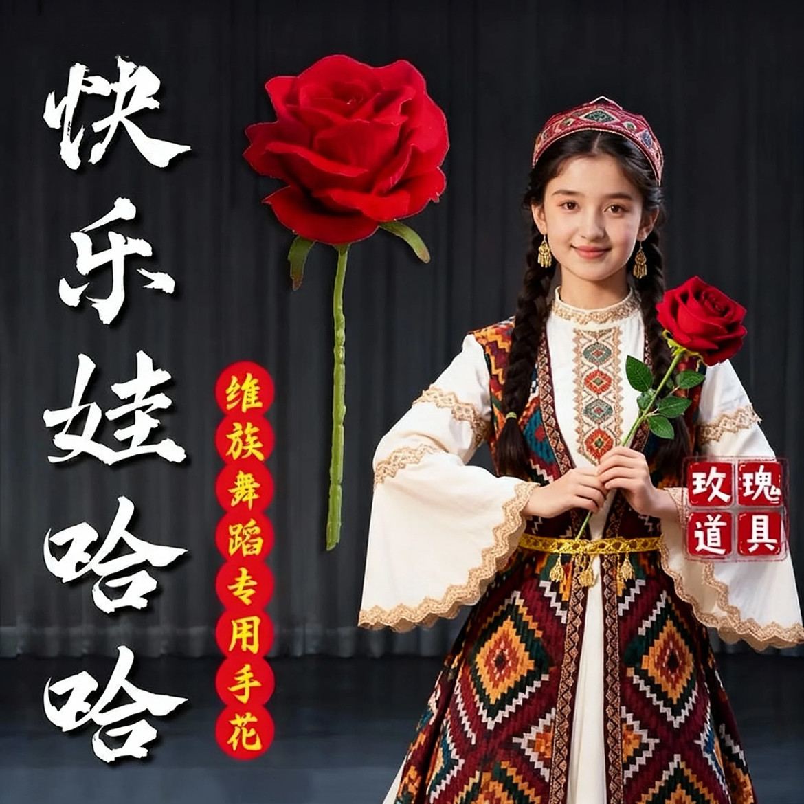 快乐娃哈哈玫瑰花舞蹈儿童新疆维族跳舞表演出专用手持仿真花道具图片
