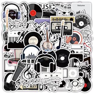 186张黑白音乐元素贴纸ins风音符唱片CD光碟装饰笔记本防水贴画
