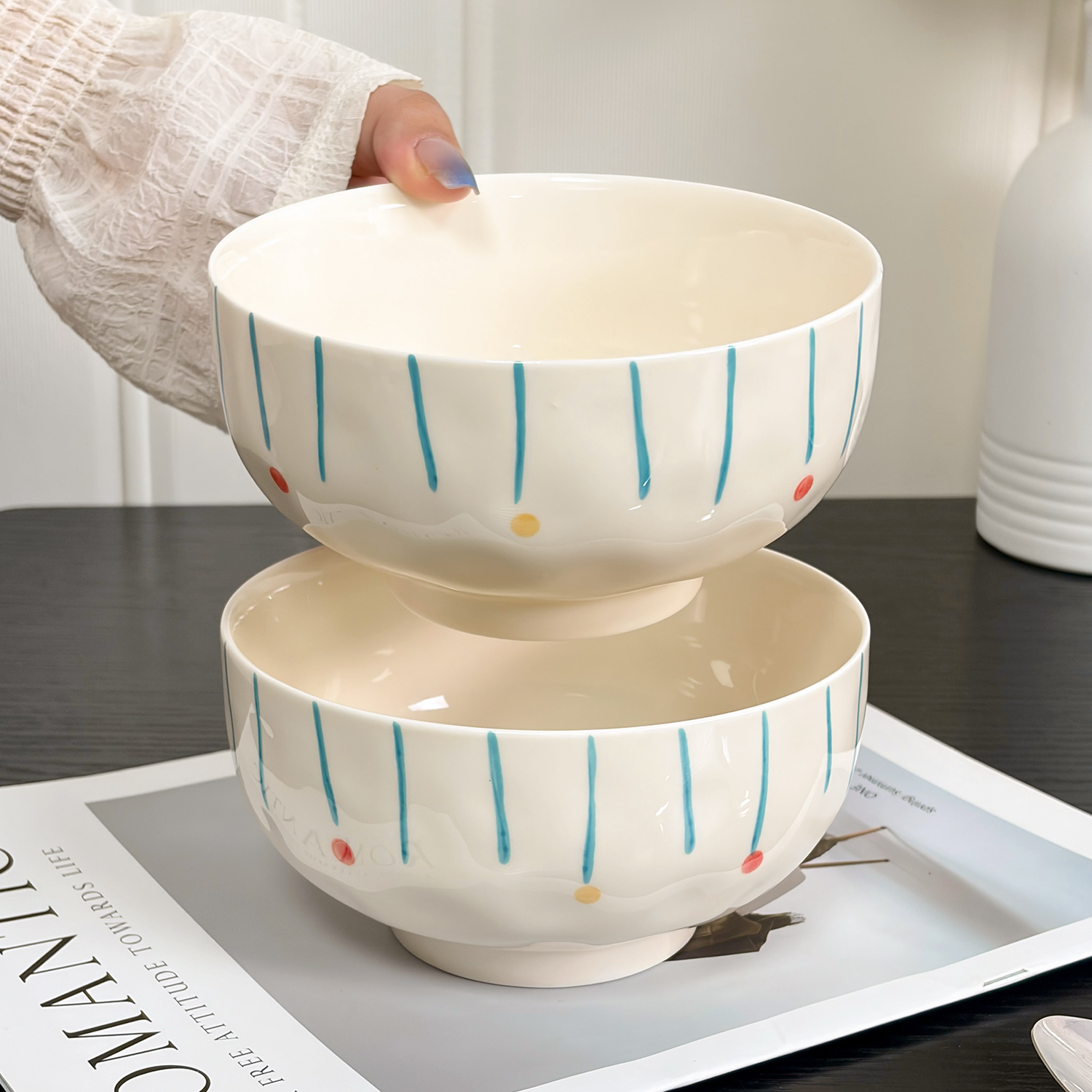 奶油风陶瓷面碗家用2025新款餐具好看的大碗面条碗汤碗釉下彩菜盘