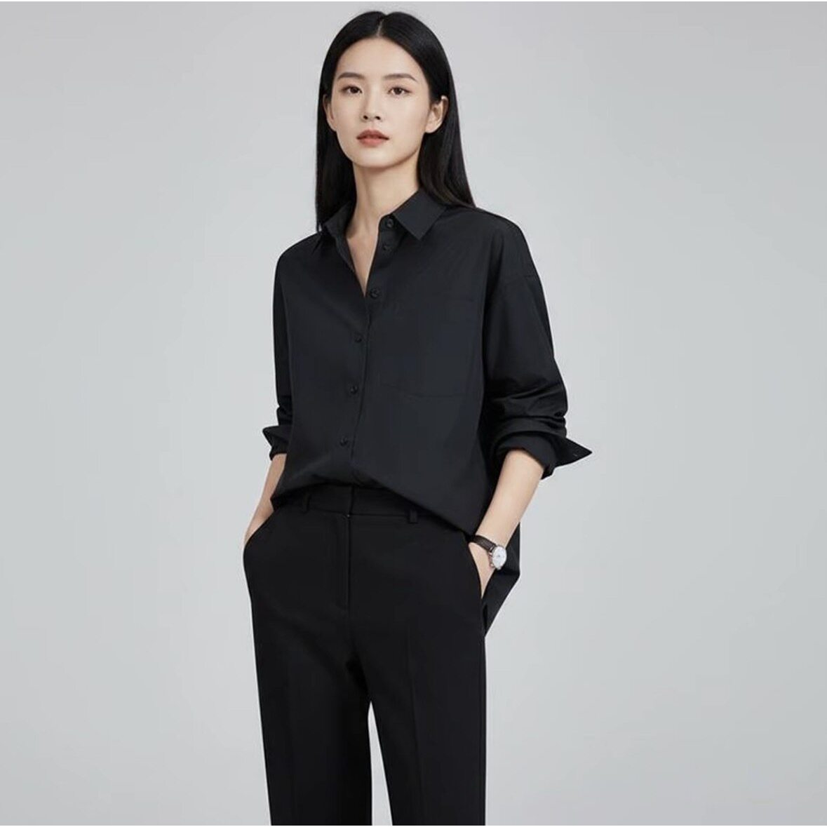 阿玛施AMASS 气质简约百搭日常纯色长袖休闲女士宽松衬衫530191