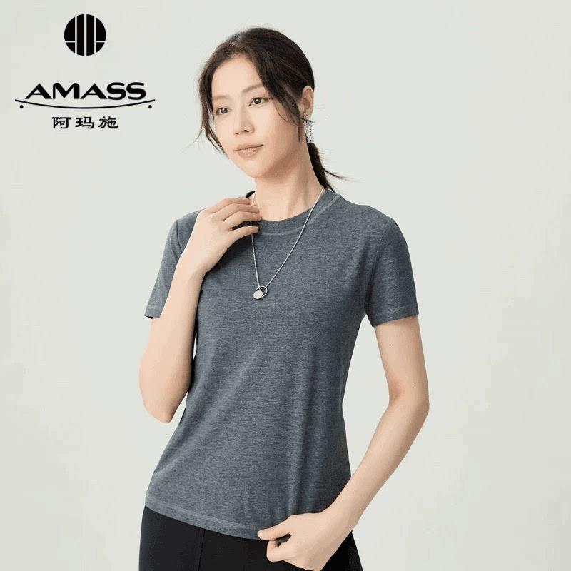 阿玛施/AMASS纯色时尚休闲百搭宽松圆领短袖女半袖5301025高能感