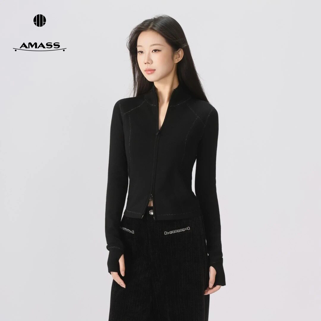AMASS/阿玛施【官方正品】女装新款质感简约休闲修身立领针织开衫
