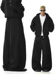 American Retro Black Sweatpants for Men and Women, with a Unique Design, Deconstructed, Loose, Slimming, Straight-Leg, Wide-Leg, Scimitar-Style Sports Pants
