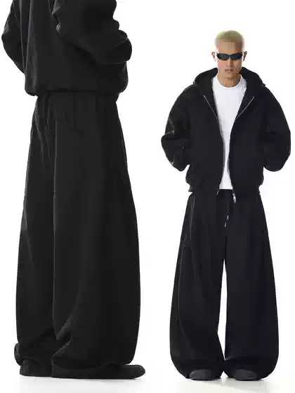 American Retro Black Sweatpants for Men and Women, with a Unique Design, Deconstructed, Loose, Slimming, Straight-Leg, Wide-Leg, Scimitar-Style Sports Pants