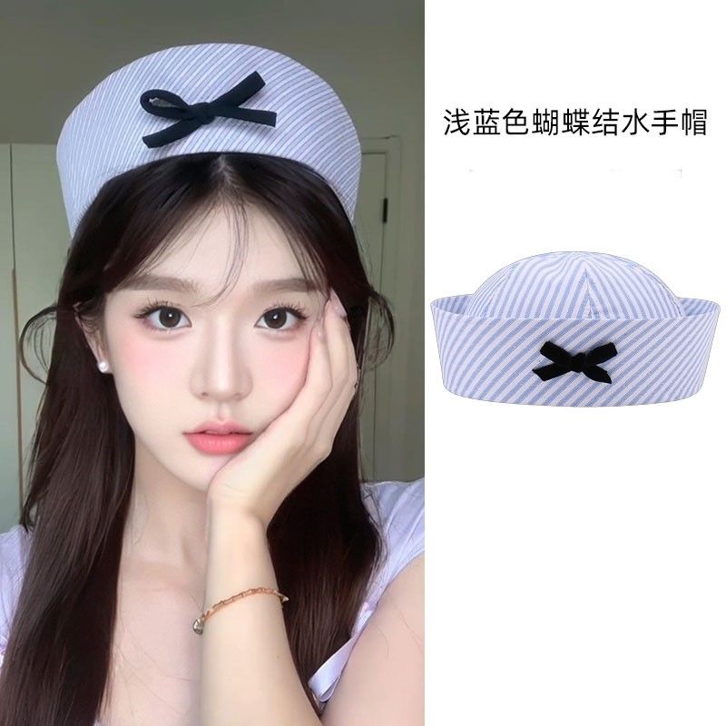 甜美少女白色条纹贝雷帽海军帽日系水手帽制服帽子万圣节cos配饰