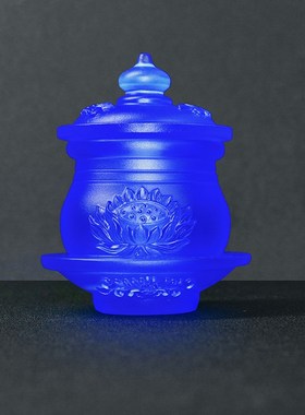 速发供佛用品古法琉璃供水杯 圣水杯佛字莲花贡水杯药师佛蓝色净