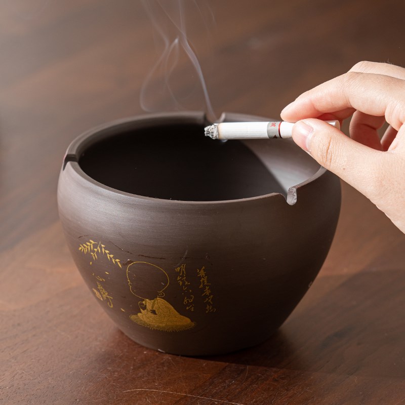 速发紫砂烟灰缸中式创意个性大号复用客厅办公室防飞灰陶瓷烟缸