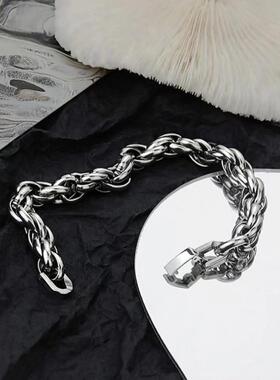 速发钛钢嘻哈银色麻花链hiphop潮男手链小众设计感男士不掉色手饰