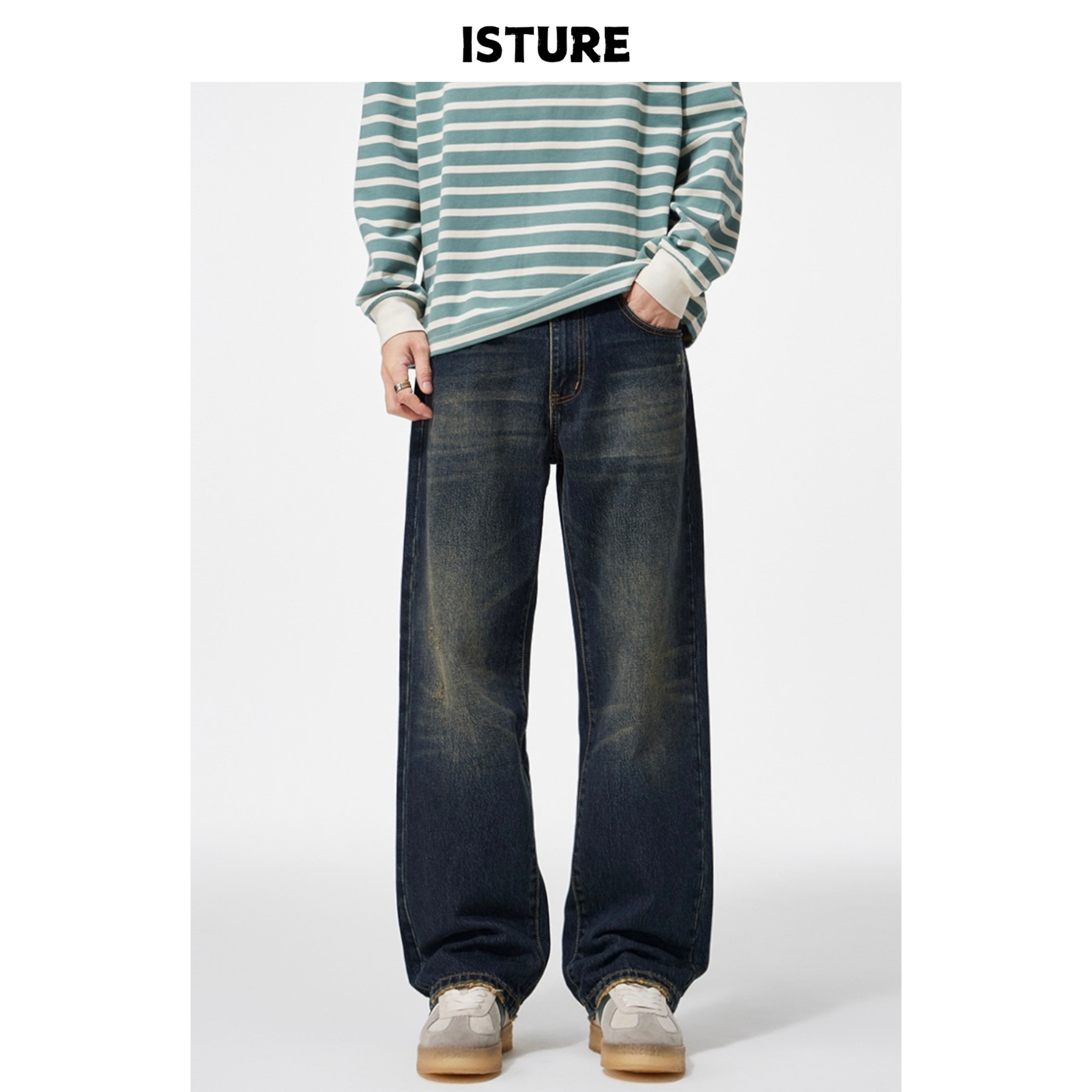 ISTURE美式复古水洗做旧磨破猫须牛仔裤男女宽松百搭休闲直筒长裤