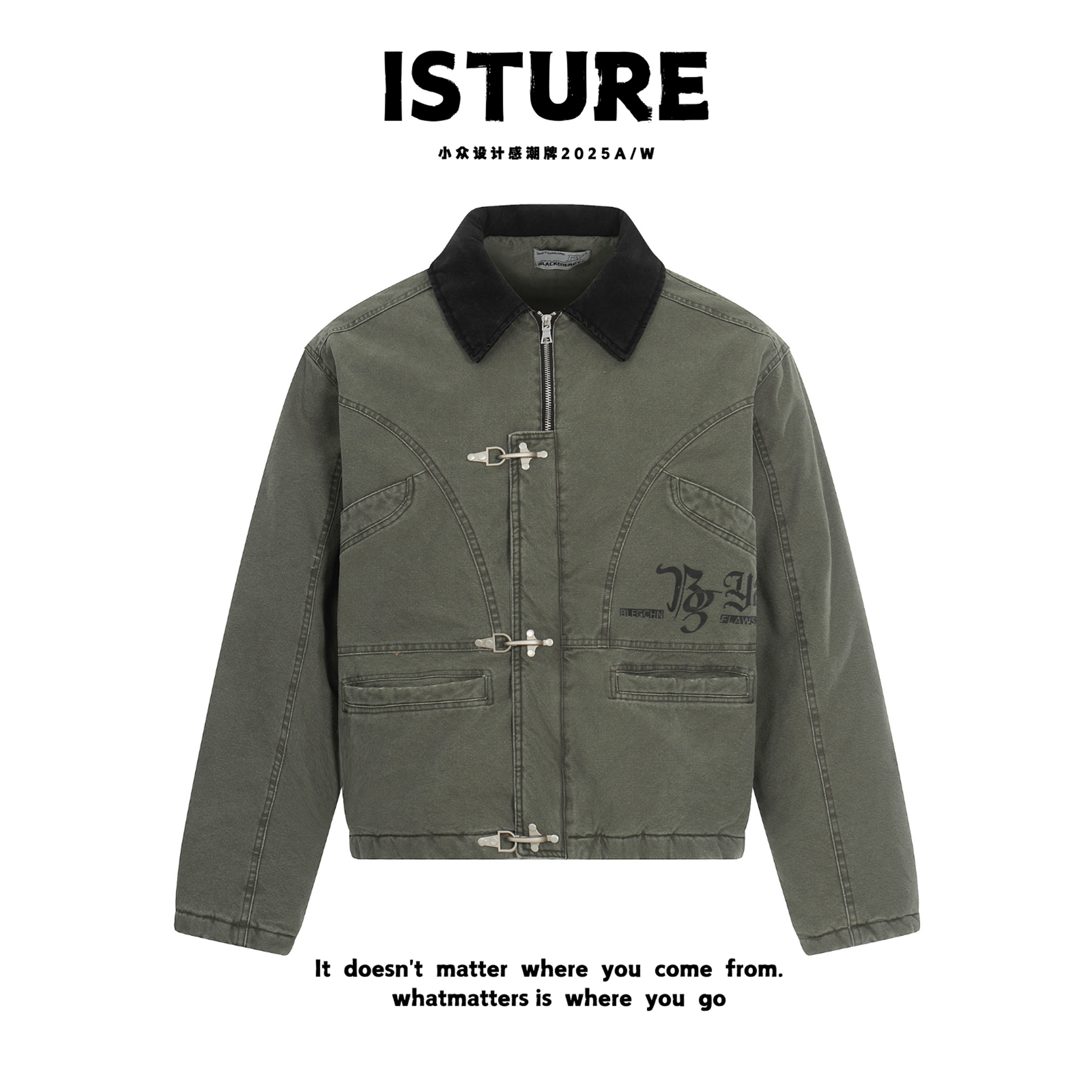 ISTURE美式复古做旧飞机扣工装夹克情侣宽松百搭休闲底特律外套潮