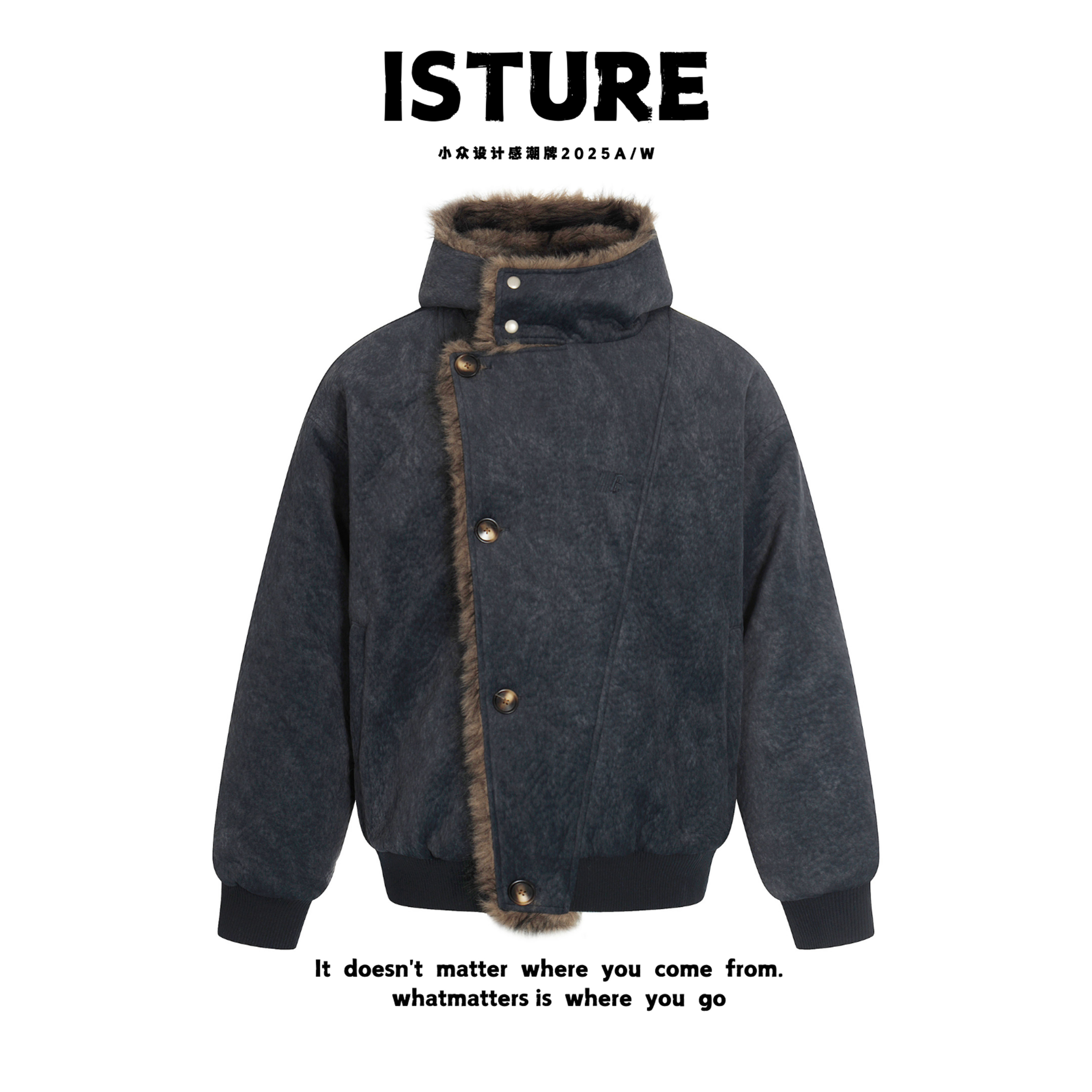 ISTURE美式复古解构毛领连帽座山雕棉服情侣宽松百搭休闲冬季外套